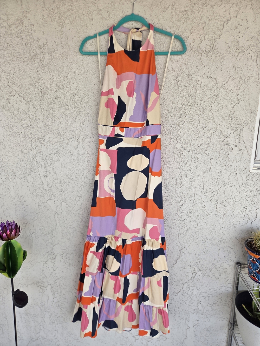 Sleeveless Abstract Print Maxi Dress in Orange, Pink & Navy